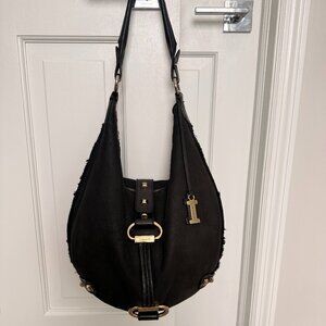 Iceberg Italy Genuine Shearling Shoulder Bag – Black Suede & Fur Interior